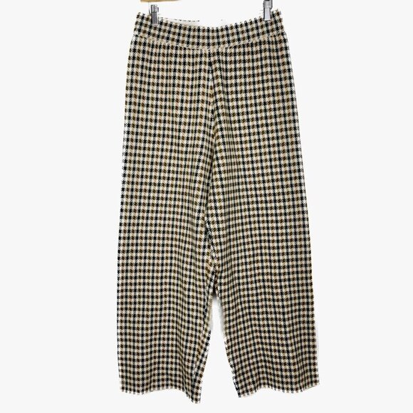 Marled Pants - Marled Size Large Yellow and Green Houndstooth Plaid Knit Wide Leg Pant